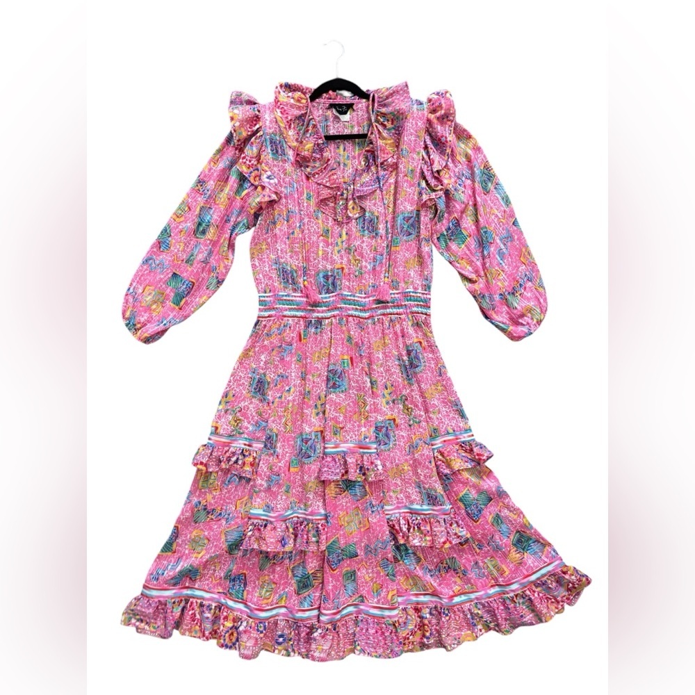 Vintage Diane Freis Original Georgette Midi Dress Floral  Pink  Tassle Boho M L